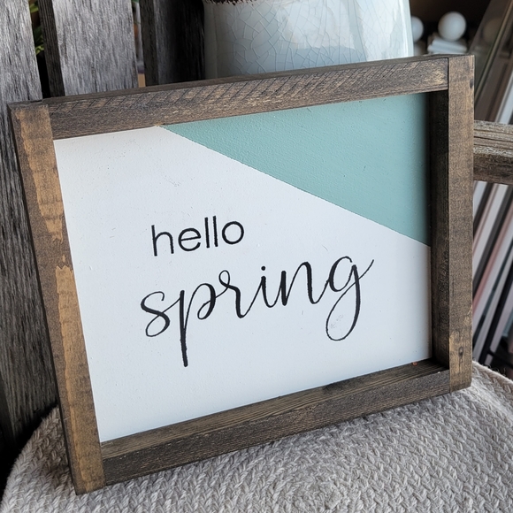 HELLO SPRING framed farmhouse wooden colorblock sage + white wall art - Picture 5 of 9